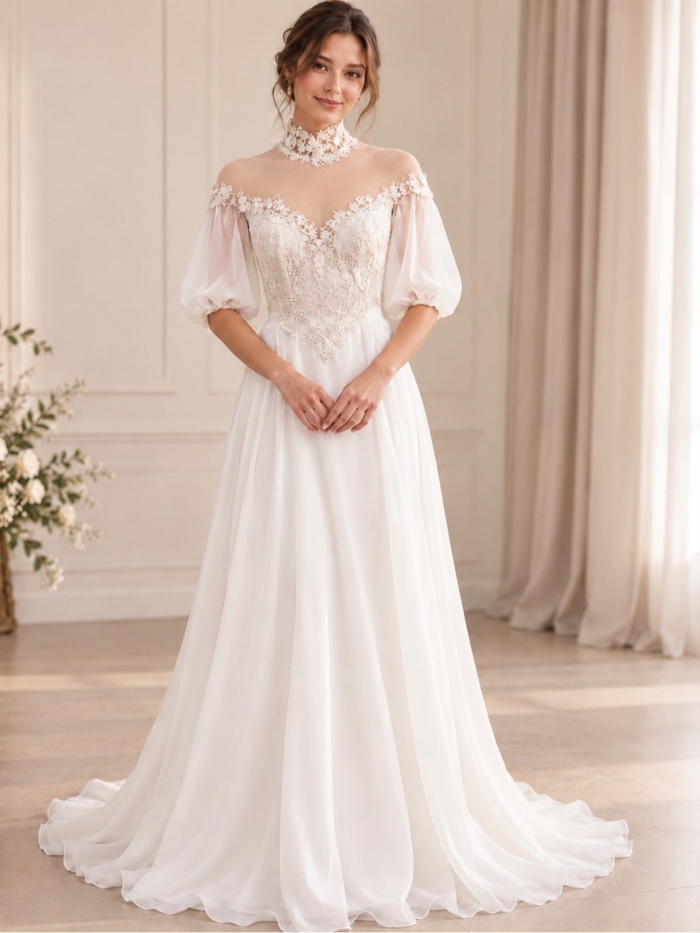 Vintage “F7” Elegant Off-Shoulder White Lace A-Line Dress